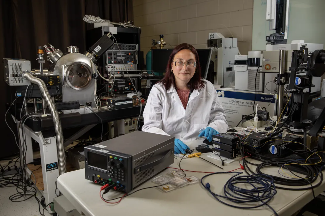 A photo of a GTRI researcher leading effort to send research-grade polymers to the ISS for months of in-orbit exposure and later testing on Earth. 