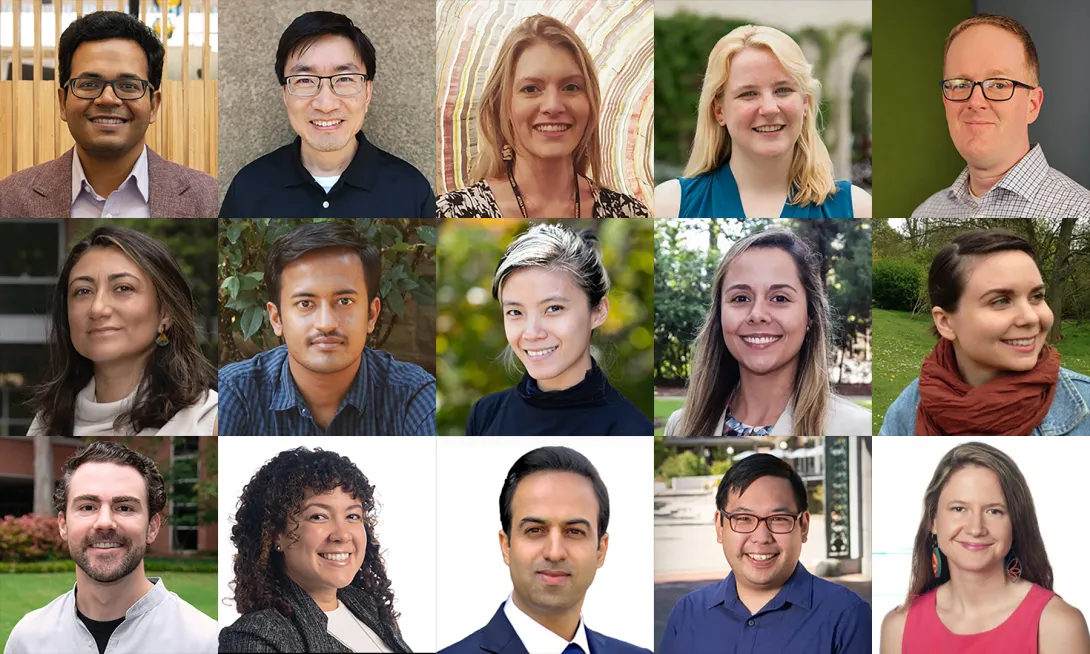 Collage of multiple individual portrait photos arranged in a grid, showing people photographed from the shoulders up in a variety of indoor and outdoor settings. Backgrounds include office spaces, greenery, campus walkways, and neutral studio backdrops, with individuals wearing professional or business‑casual clothing. The images vary in lighting and composition but share a consistent head‑and‑shoulders portrait style.