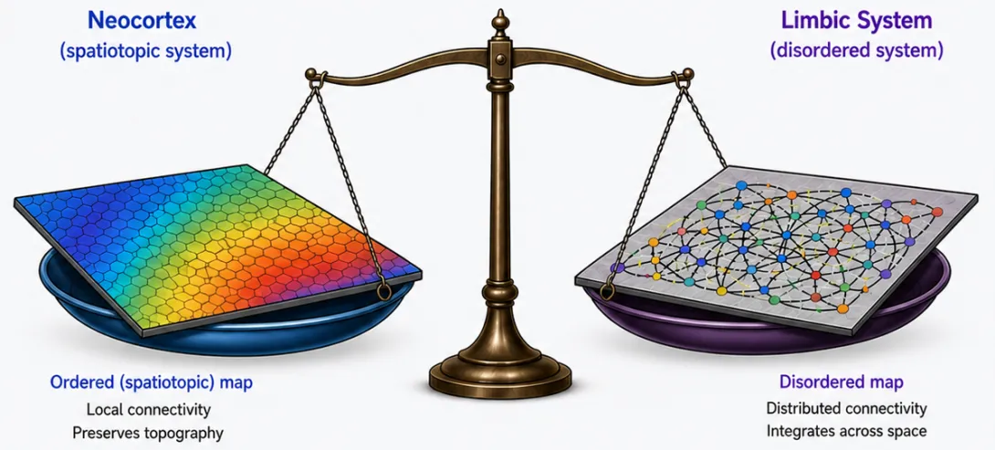 A balance scale holds two diagrams representing different brain wiring strategies. The left side shows an ordered rainbow-colored map labeled "Neocortex," illustrating localized connections that preserve spatial organization. The right side shows a web of interconnected colored nodes labeled "Limbic System," representing distributed connections that integrate information across space. The image symbolizes the tradeoff between these competing neural architectures proposed by the study.