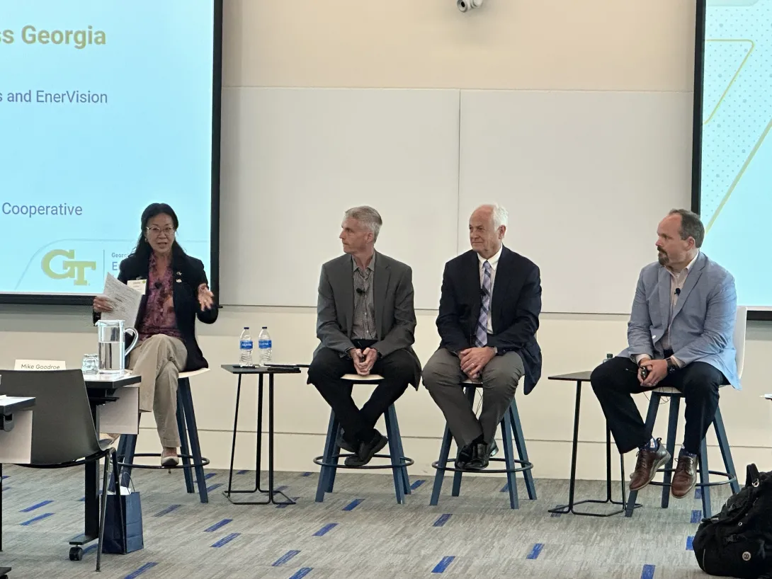 Moderator Elaine Johns (Vantage Point Solutions and EnerVision) with Panelists Wayne Gossage (Jefferson Energy Cooperative), Michael Goodroe (Sawnee EMC) and Jeremy Nelms (Flint Energies)