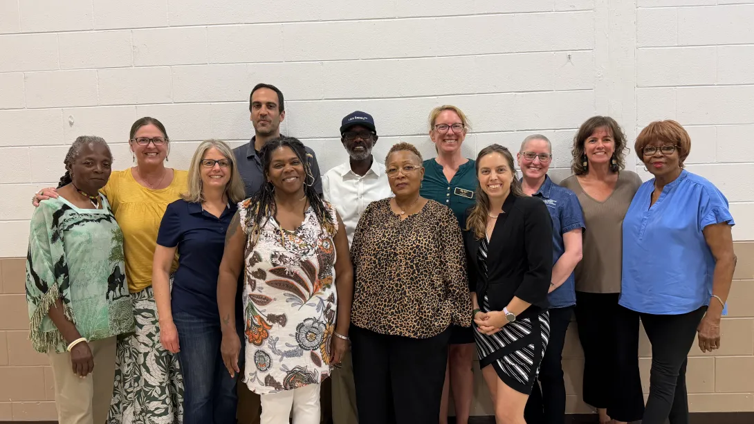 Some of the researchers and coastal community members participating in the study.  Front row: Melanie Pearson and Kasey McClary from Emory University, Semona Holmes from Urbana Perry Park Neighborhood Planning Assembly, and Rachael Thompson from Glynn Environmental Coalition.  Back row: Anita Collins from Urbana Perry Park Neighborhood Planning Assembly, Katy Smith from University of Georgia Marine Extension and Georgia Sea Grant, Noah Scovronick from Emory University, community organizer and activist Jazz 