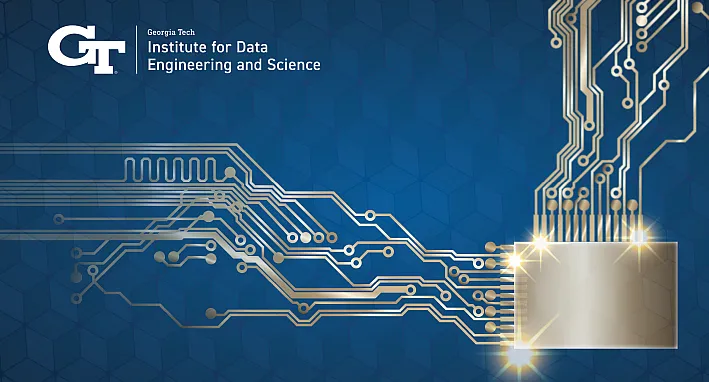 This image features the logo for the Georgia Tech Institute for Data Engineering and Science. It displays a stylized, abstract graphic of a circuit board and a semiconductor chip against a deep blue background. The design emphasizes concepts related to data science, engineering, and artificial intelligence