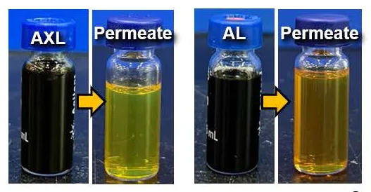 Photographs illustrating the distinct color change upon fractionation of crude oils via PAN membrane.