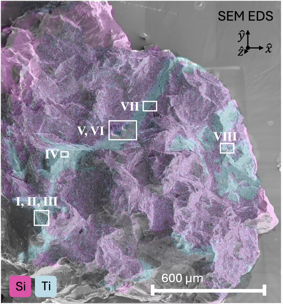 The chip, colored in large areas with purple, with blue ribbons of color. There are a total of five white rectangles on the blue areas.