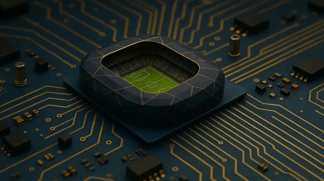 Stock image that shows a soccer stadium as the center of an AI chip design