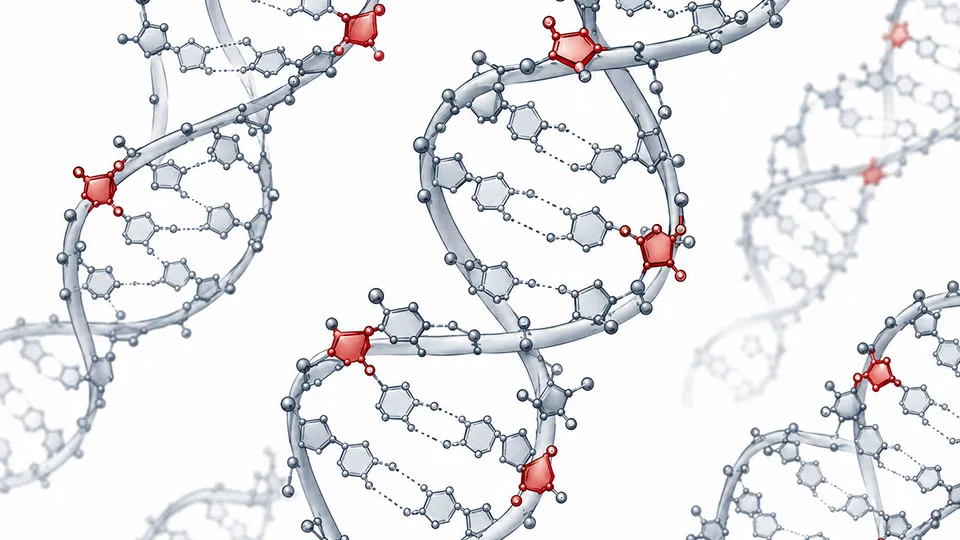 Scientific rendering of multiple DNA double helices with several embedded ribonucleotides highlighted in red along the strands. The red RNA building blocks appear at distinct locations within the gray DNA structure, illustrating how ribonucleotides can become incorporated into human DNA.