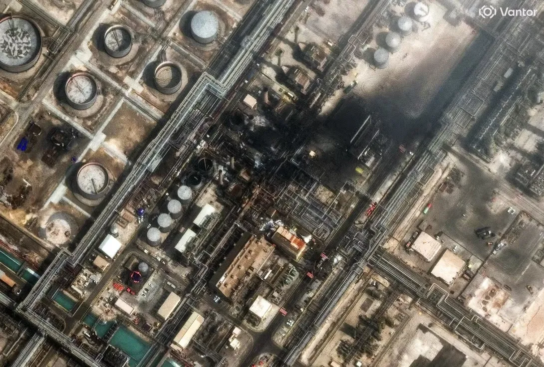 A satellite photo shows damage from the war at Saudi Arabia’s Ras Tanura oil refinery, which must be repaired before full operations can resume. Satellite image (c) 2026 Vantor via Getty Images