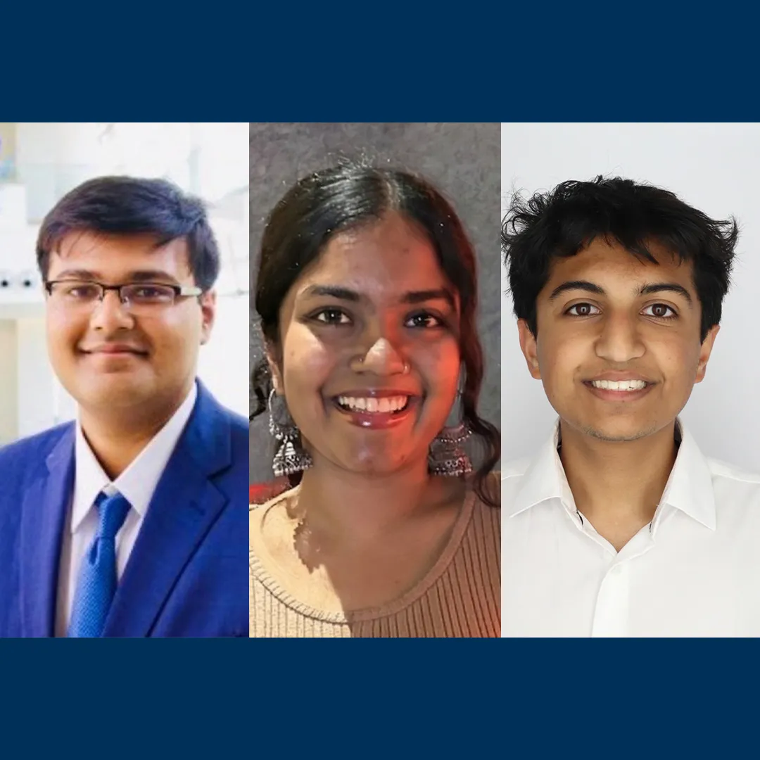 Three photos of Georgia Tech researchers Arnav Hiray, machine learning doctoral student; Vidhyakshaya Kannan, a Georgia Tech Financial Services intern; and Siddharth Lohani, a computer science major ’26 and software engineer at Bloomberg.