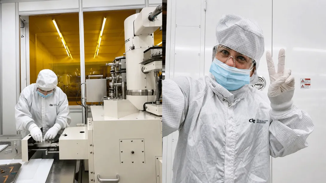 A cleanroom researcher operates microfabrication equipment in one image while, in a second view, the same person in protective gear takes a selfie and holds up a peace sign.