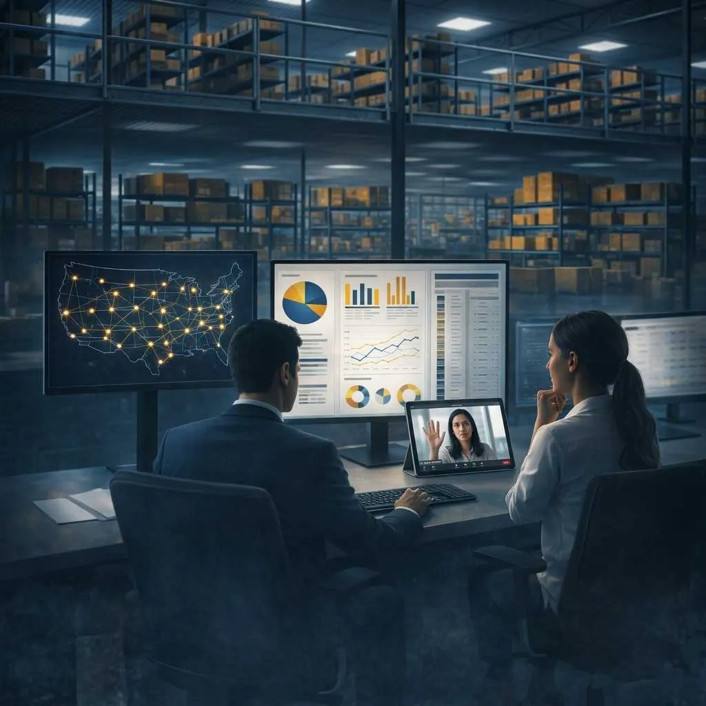 Two data analysts, a man in a suit and a woman, are seated at a desk in a high-tech logistics control center. They monitor various displays, including a comprehensive data dashboard with charts and graphs, a US network map, and a tablet for a video conference. A massive, towering warehouse filled with stacked cardboard boxes is visible in the background.