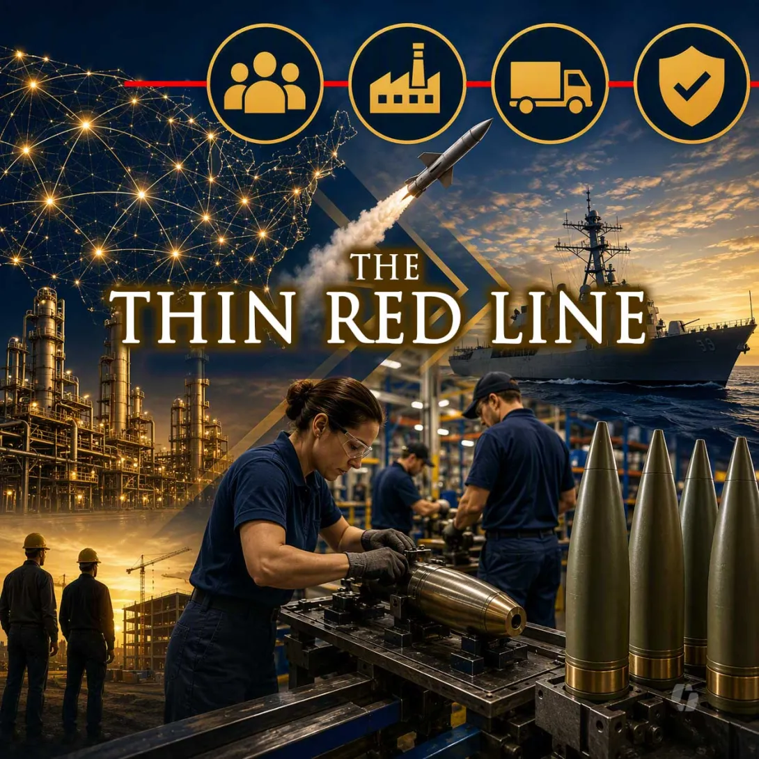 Editorial illustration depicting the challenge of rapidly increasing U.S. defense manufacturing capacity. The image combines a connected national supply chain network map, large circular icons representing workforce, manufacturing, logistics, and quality assurance, an industrial chemical processing facility, a missile launch, a naval defense vessel at sea, skilled factory workers assembling munitions on a production line, and finished artillery rounds in the foreground.