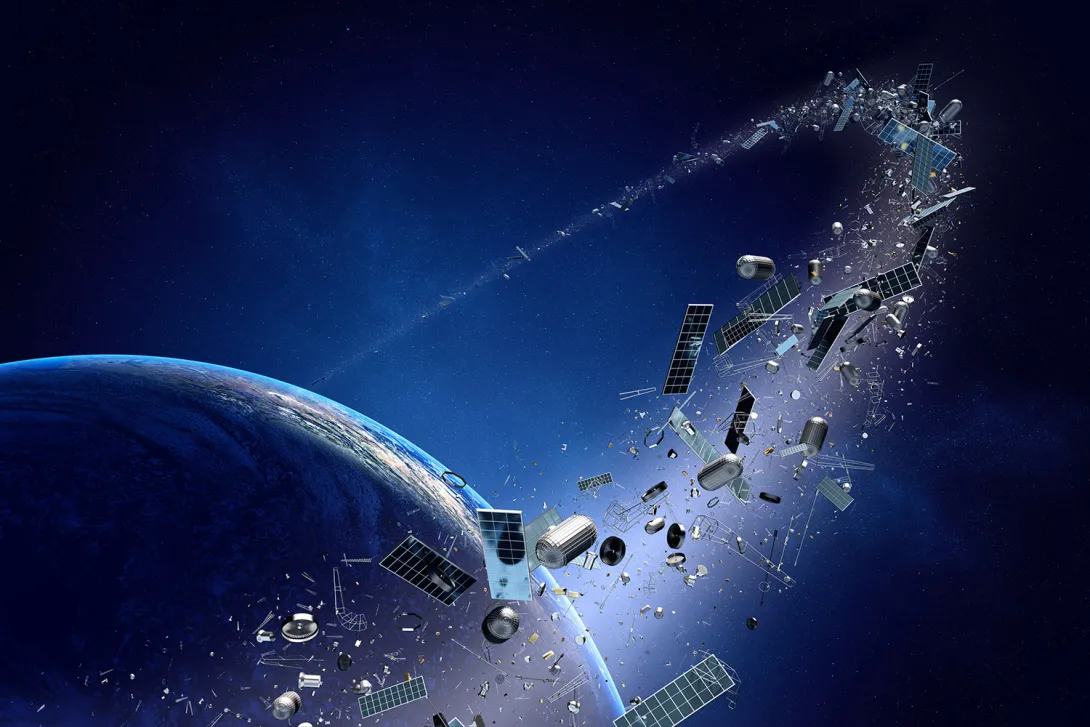 An illustrative image of Earth with debris orbiting around it