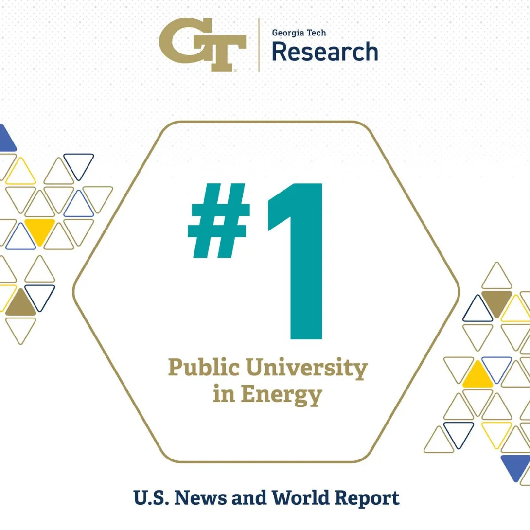 Graphic showing #1 public university in energy in Georgia Tech colors