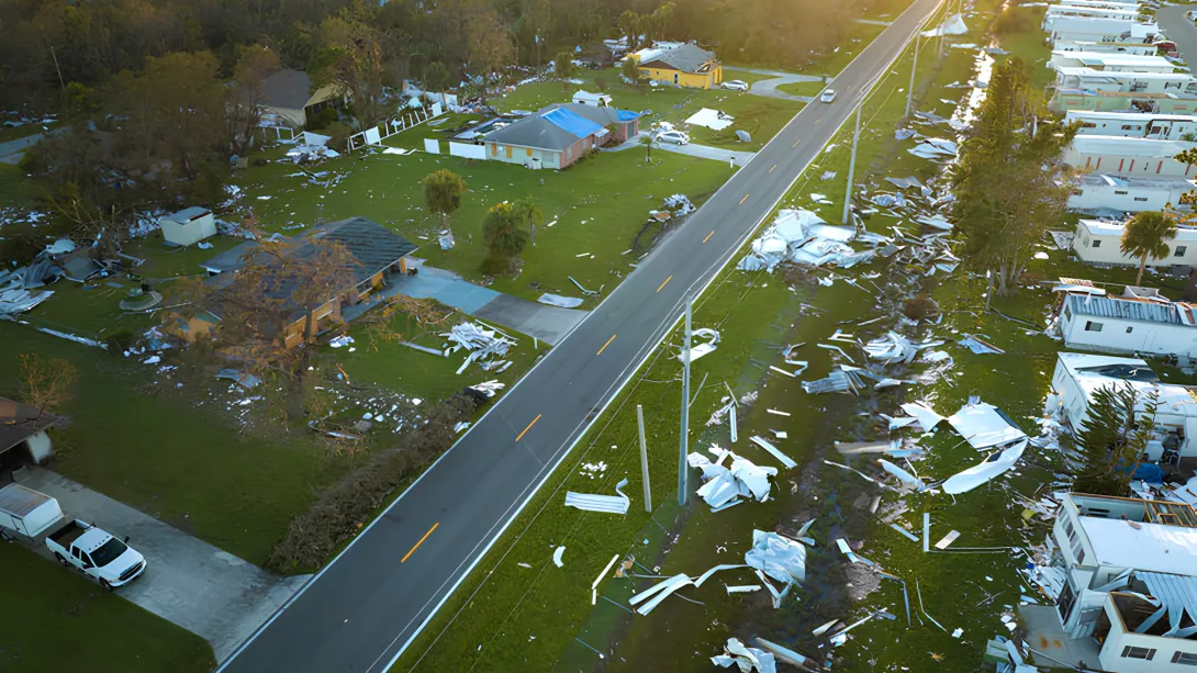 A Florida neighborhood destroyed in the aftermath of Hurricane Ian, 2002.
