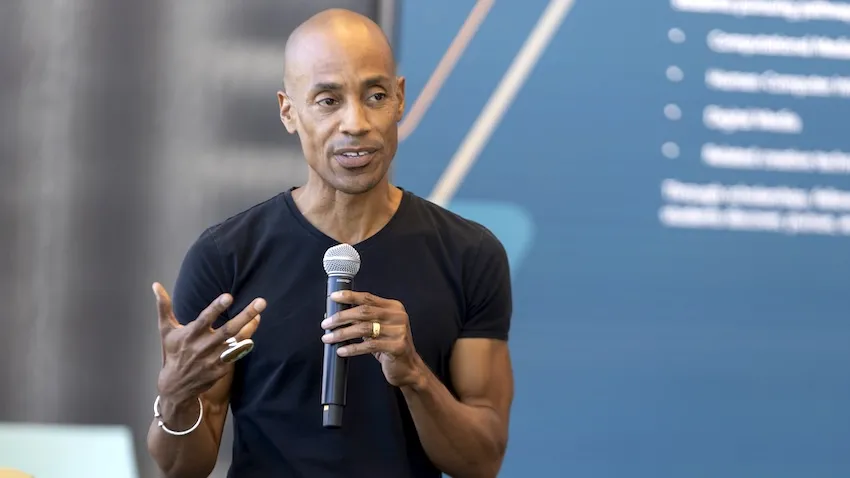Candid photo of Georgia Tech's Kamau Bobb speaking during a campus event in 2026.
