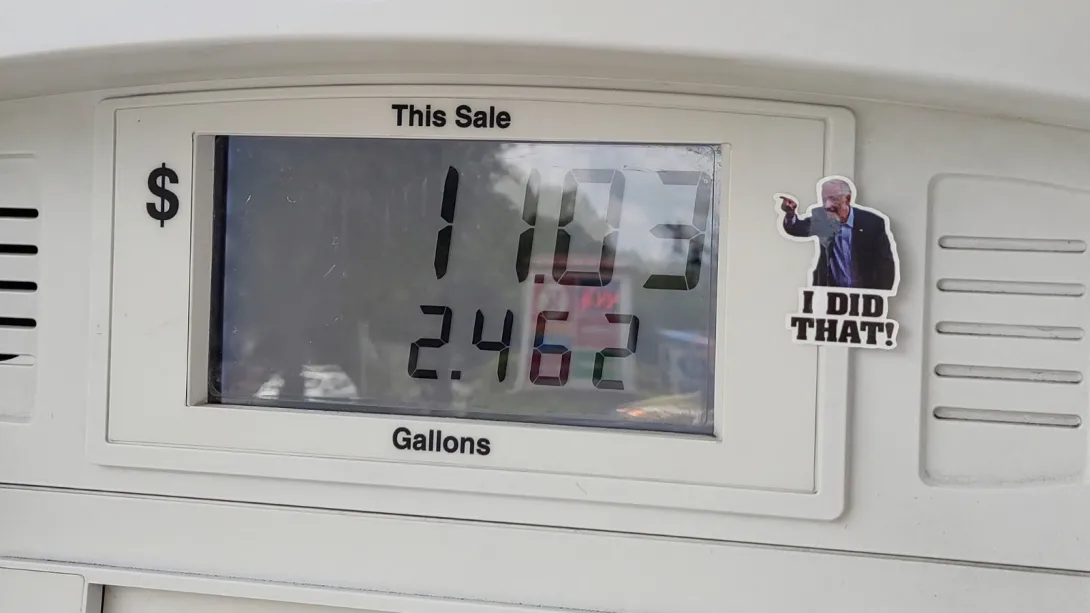 Oliver was inspired by the stickers he saw on gas pumps showing Joe Biden pointing at the price saying "I did that." Photo by Whoisjohngalt, via Wikimedia Commons, licensed under CC BY-SA 4.0.