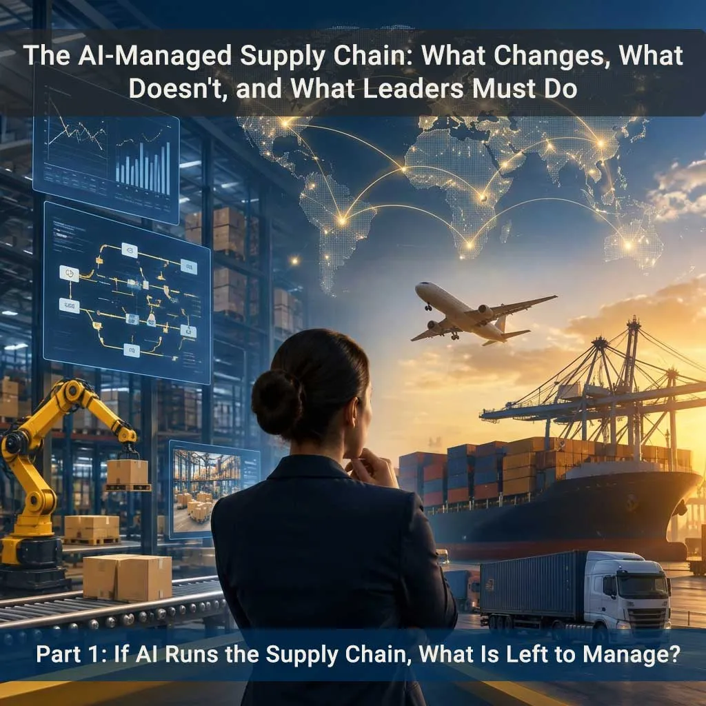 A woman in a suit seen from behind looks out over a global logistics hub featuring warehouse automation, digital analytics displays, an airplane in flight, a cargo ship at a port, a semi-truck, and a glowing world map with connected routes.
