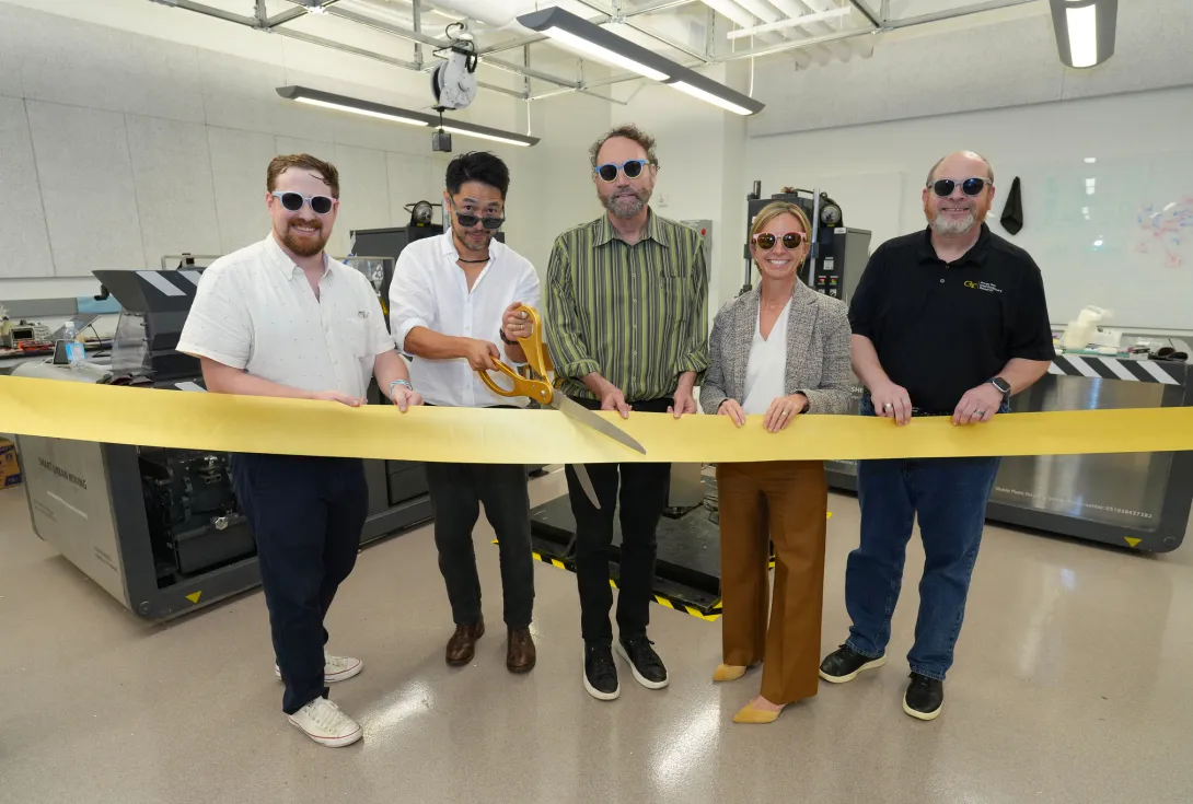 Pictured left-to-right: Tim Trent, director of IPaT's Trash Lab; Arthur Huang, CEO of Miniwiz; Michael Best, executive director of IPaT; Jennifer Chirico, associate vice president of Sustainability; and Rob Kadel, executive director of research program administration.