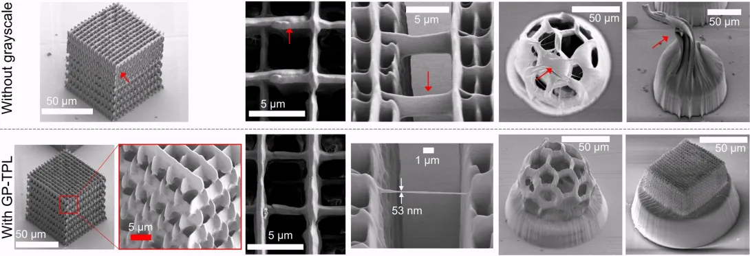 Diagram illustrating a nanoscale 3D printing process using a femtosecond near-infrared laser, mirrors, lenses, and a digital micromirror device (DMD) to project patterned light into a photoresist on a glass slide.