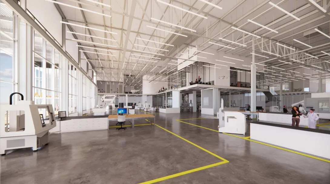 Another angle of an early rendering of the main expanded research area at the Advanced Manufacturing Pilot Facility (Credit: Lord Aeck Sargent).