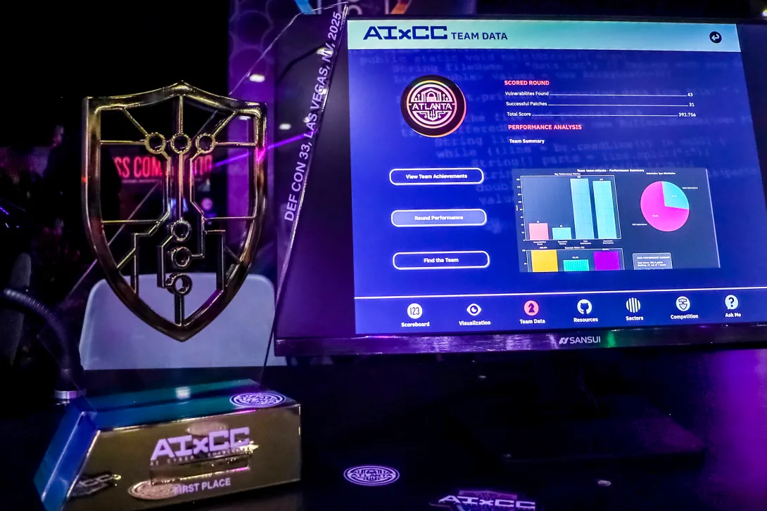 A trophy next to a virtual scoreboard. The scoreboard has virtual stats from the AIxCC competition. 
