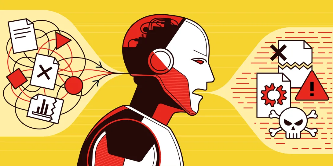 A red robot in front of a yellow background emits a speech bubble that indicates harmful output