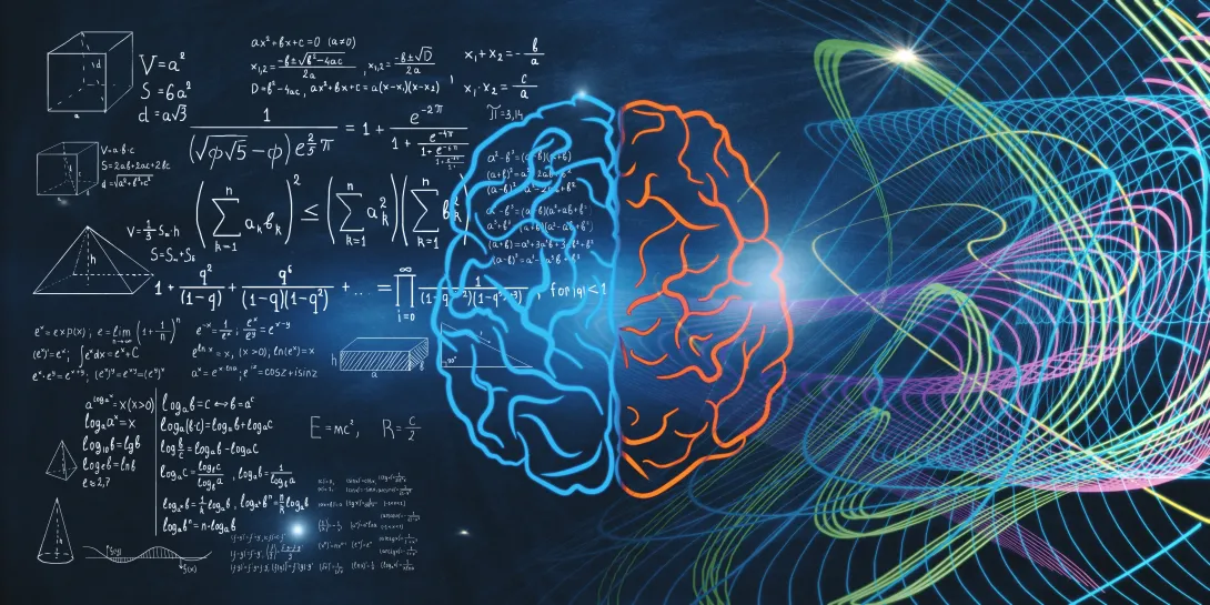 Digital illustration of a human brain split down the middle: the left side is filled with white mathematical equations, diagrams, and formulas, while the right side is surrounded by colorful, flowing lines and abstract wave patterns against a dark blue background.