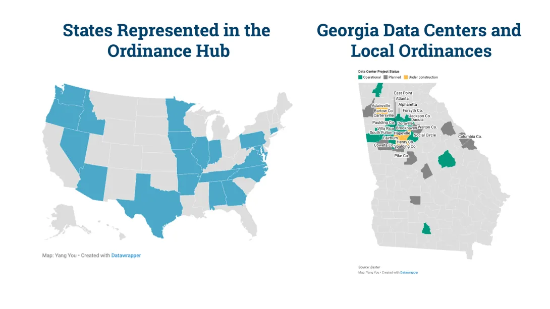 US Map showing States Represented in the Ordinance Hub and State of Georgia with Data Centers and Local Ordinances highlighted