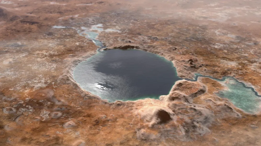An illustration of Jezero Crater as it may have looked billions of years go on Mars, when it was a lake. Jezero Mons is visible on the front right-side of the crater rim. (Credit: NASA)