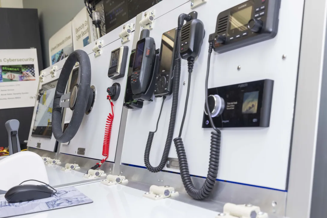 Lab equipment of a ship steering wheel and other electronic  measuring devices. 