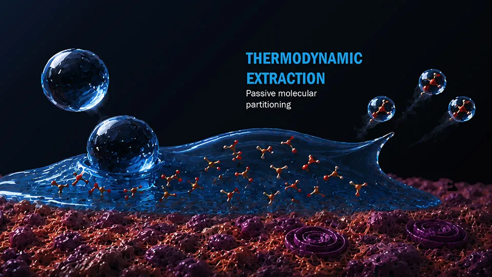 Illustration of blue liquid droplets interacting with molecules on the surface of a biological sample.