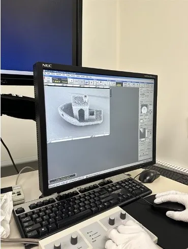 Researcher operates microscopy imaging software at a workstation displaying a high magnification image of a microscopic 3D boat-shaped structure.