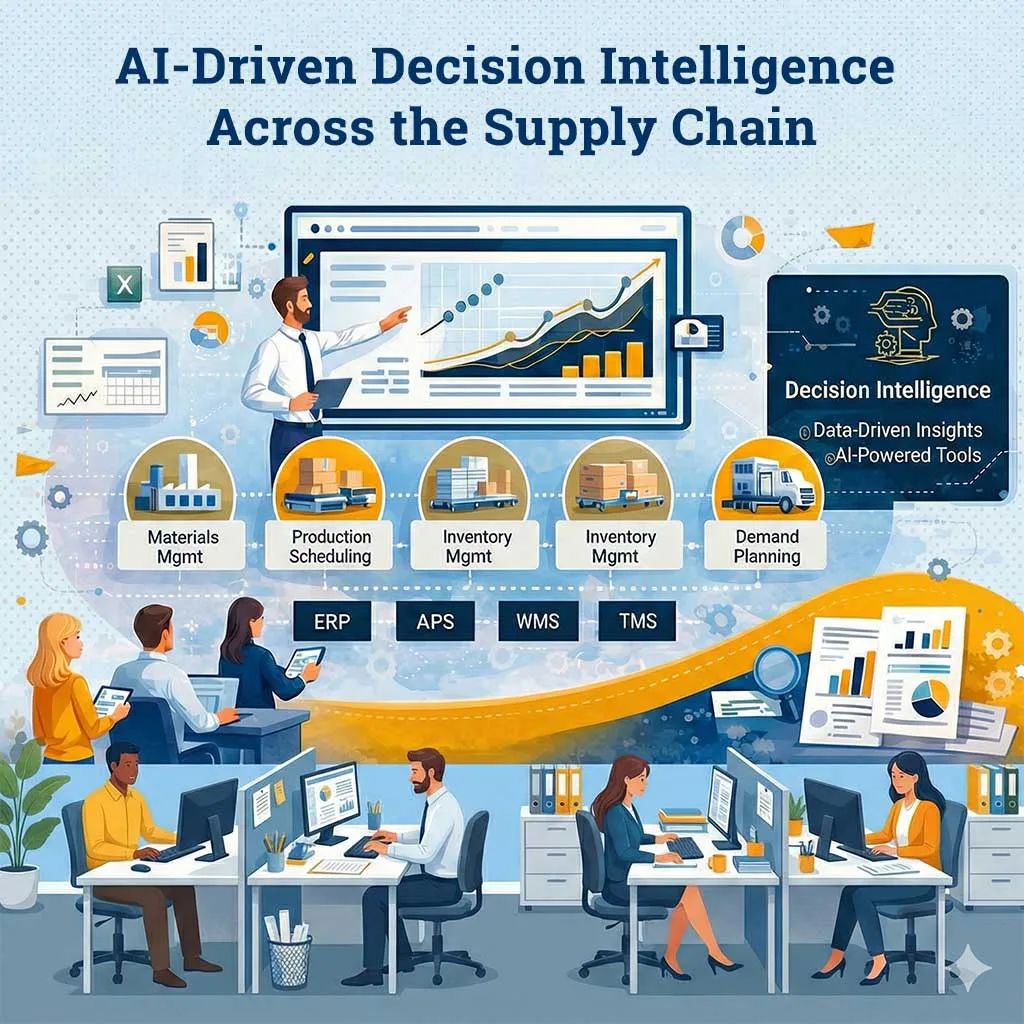 Illustration of AI-driven supply chain decision intelligence, featuring analytics dashboards and AI‑powered insights supporting materials management, production scheduling, inventory management, transportation, and demand planning.