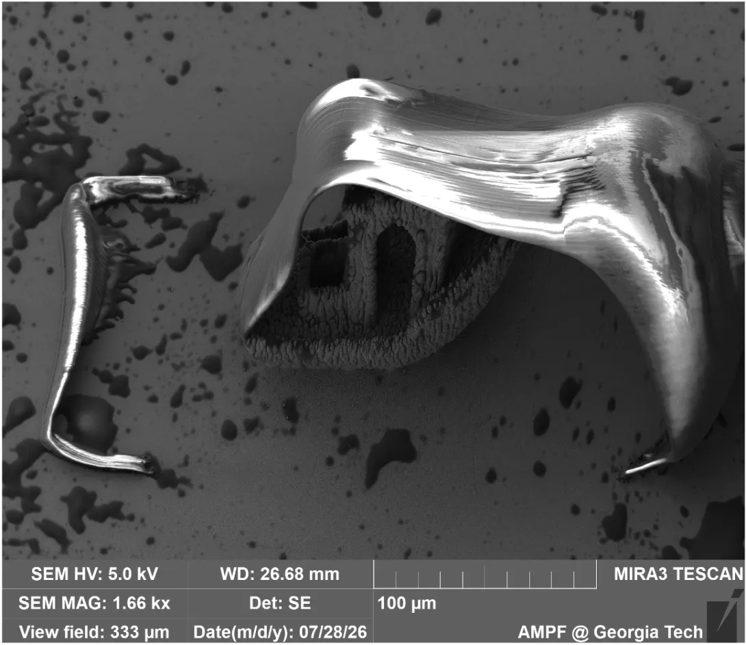 Scanning electron micrograph of multiple damaged metallic microstructures and fabrication debris on a textured surface, documenting print failure. Detailed description required in adjacent page content.