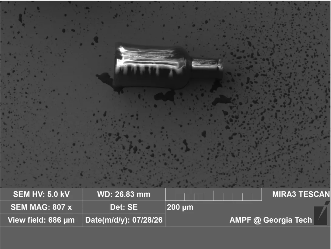 Scanning electron micrograph of a completed bottle-shaped metallic microstructure on a textured surface, shown with instrument settings and scale information. Detailed description required in adjacent page content.
