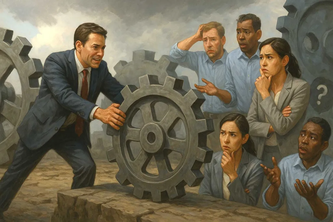 Illustration showing executive in suit rolling gear with effort in front of members of business team who appear confused.